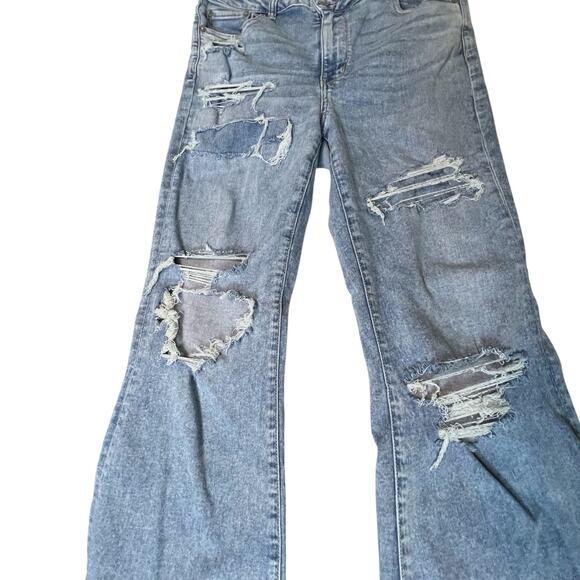 American Eagle Super Hi-Rise Flare Jeans Women 14 Distressed Next Level Stretch - Picture 12 of 15